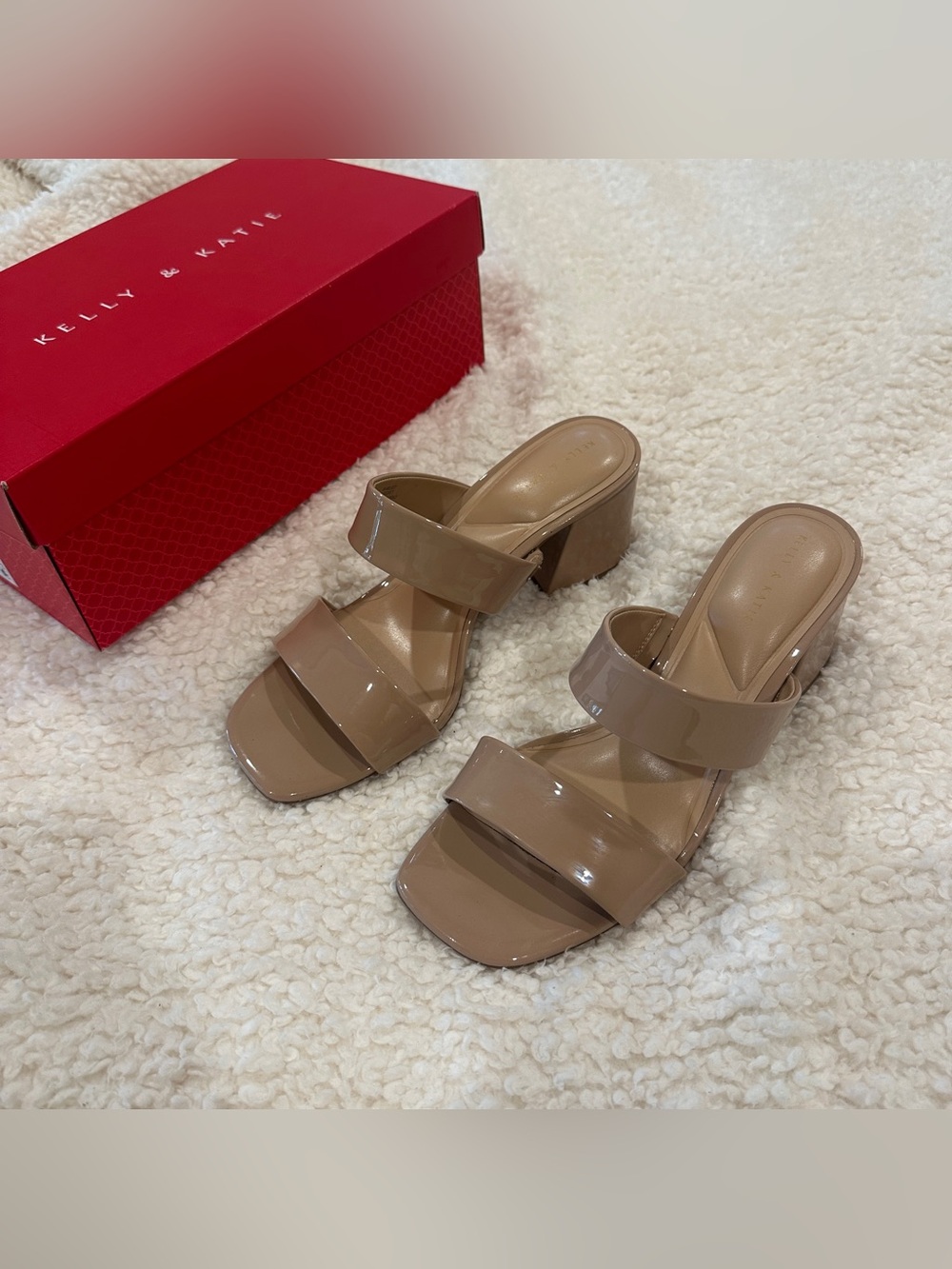 Kelly & Katie Nude Patent Double-Strap Block Heel Mules